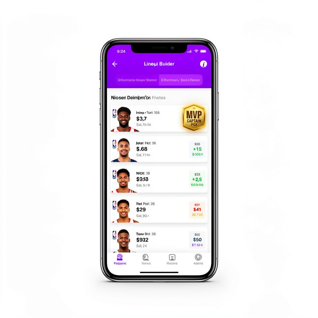 DuelFantasy iOS lineup builder showing NBA players and MVP captain pick